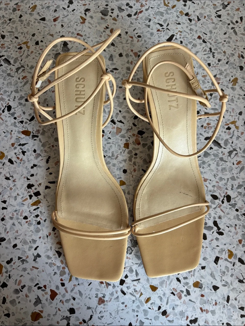 SCHUTZ Nude Beige Strappy Square-Toe Heels